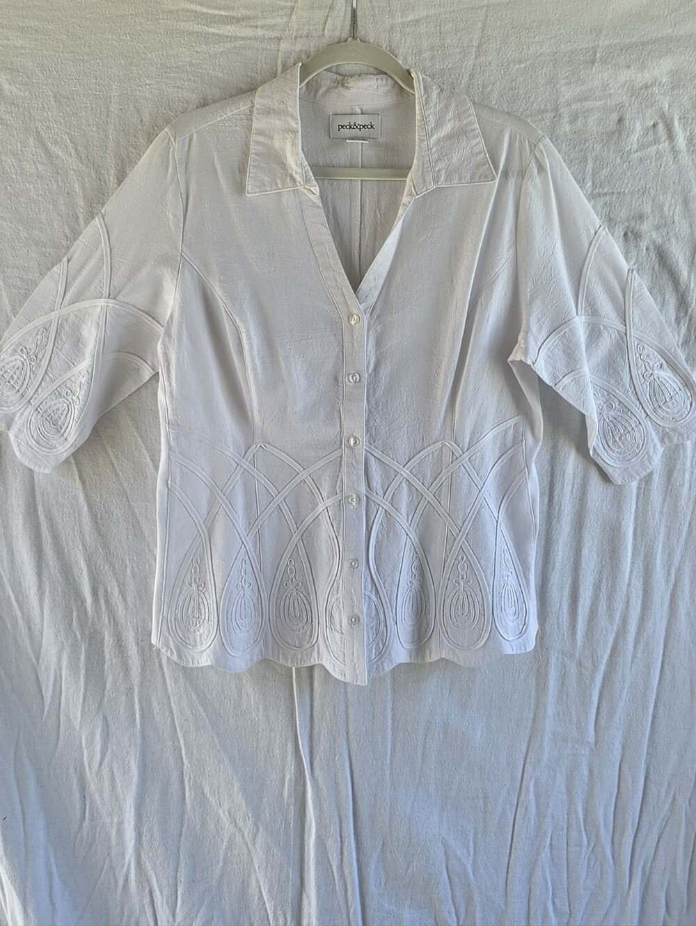 Peck & Peck White Embroidered Button-Down Blouse Cotton Tailored Fit Womens Sz L - Picture 2 of 11
